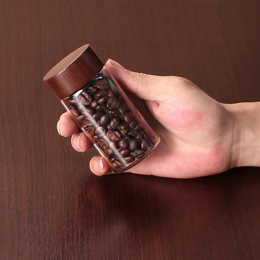 Pote de vidro com tampa de madeira premium