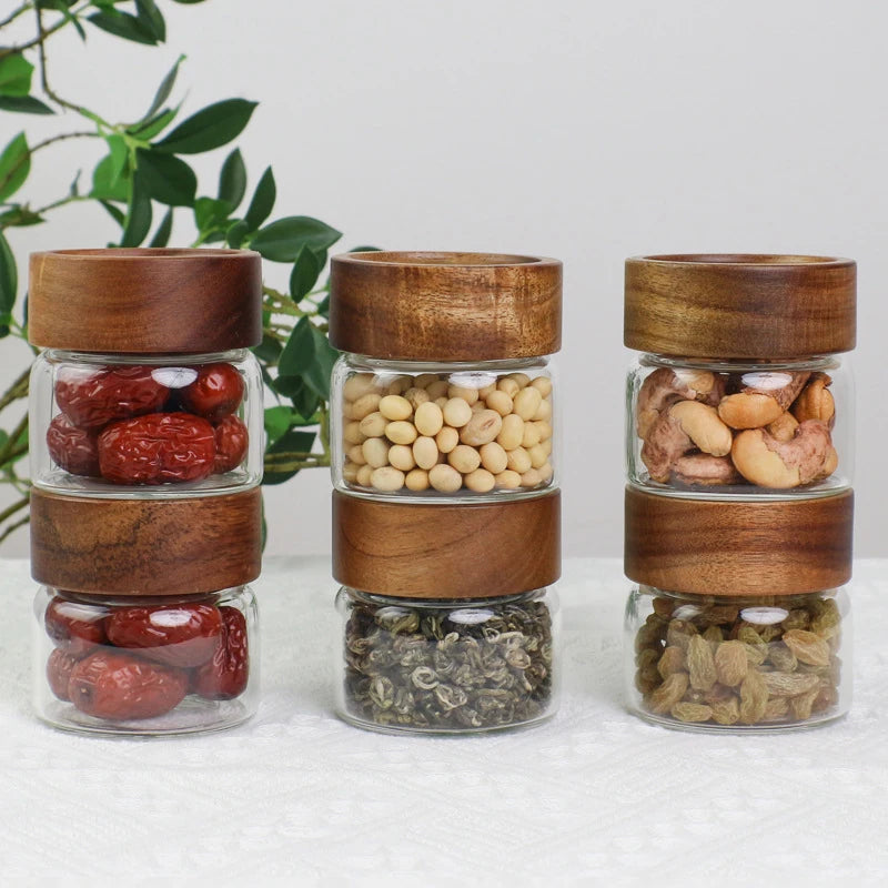 Recipiente de vidro com tampa de madeira